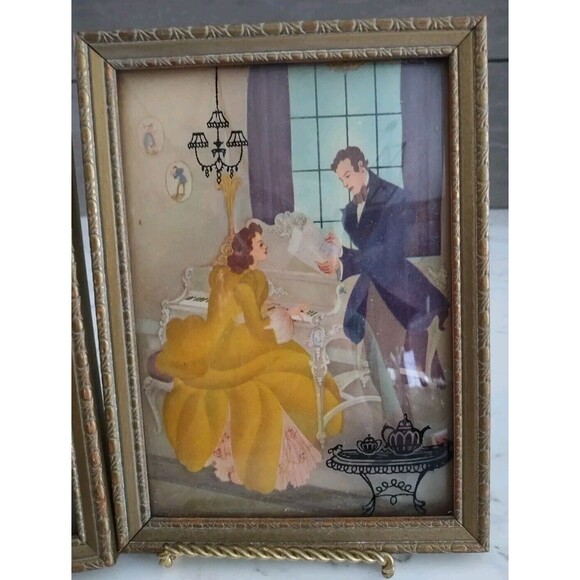 Vintage 1940's Victorian Couple Silhouette Framed Pair Reverse Paint On Glass - Picture 5 of 7